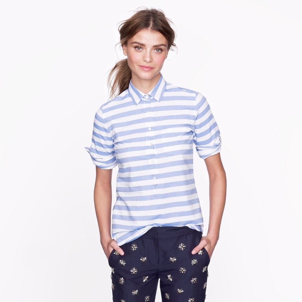 J.Crew blue and white camp popover in bar stripe